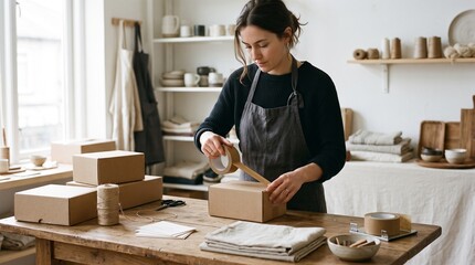 Fototapeta premium Woman packing cardboard boxes with tape for shipping small business orders