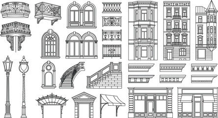 Classic Architectural Facade Elements Collection with Windows Balconies Staircases and Storefront Vector Set © MD. JAKIR IBNE