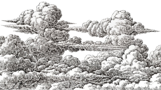 Isolated intricate drawing of stormy cumulonimbus clouds in old detailed engraving style