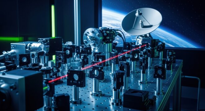 Laboratory vacuum alignment bench with precision laser terminal components including beam splitters and collimators optimized for satellite data reception.