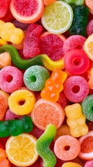Naklejka premium Colorful gummy candy mix with gummy bears, worms, rings and fruit slices create a fun and vibrant sweet display Generative AI