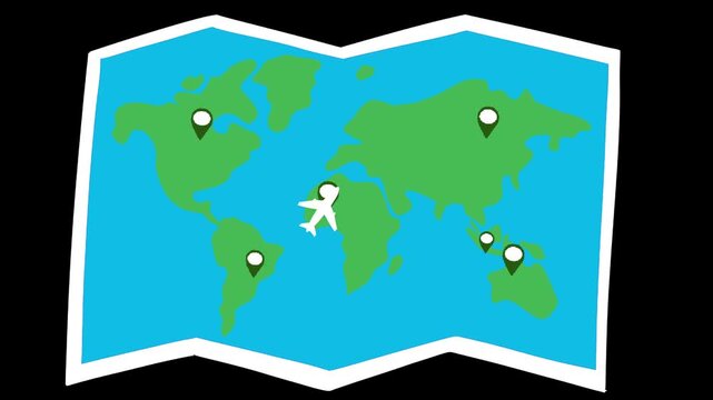Animated of Folded World Map With Airplane Icon and Location Pins, represent global travel, navigation, tourism, flight routes and destination planning for businesses and travelers.
