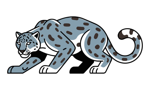 Minimalist snow leopard icon in a dynamic crouching pose with clean angular lines and bold solid colors on a plain white background, wild animal design concept