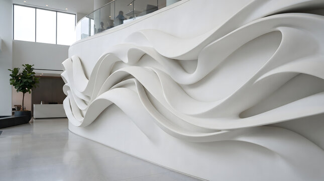 Elegant White Parametric Wall Featuring Fluid Wave-like Curves in a Minimalist Modern Interior Architecture Setting