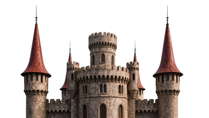 Isolated fantasy castle with multiple towers and red conical roofs, majestic medieval architecture © Conor