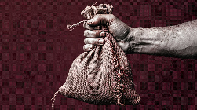 Fist Clutching Tied Burlap Money Sack &ndash; Halftone Concept on Holding Onto Savings