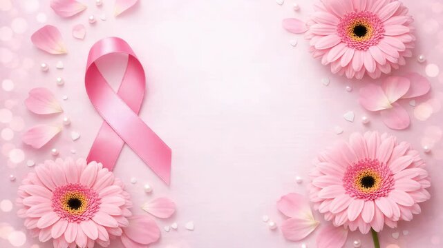 A pink ribbon symbolizing breast cancer awareness is adorned with flowers and beads, creating a heartfelt message.