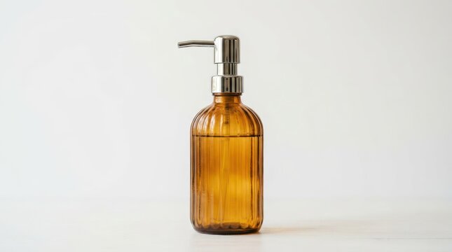 Amber Glass Soap Dispenser with Metal Pump on White Background.