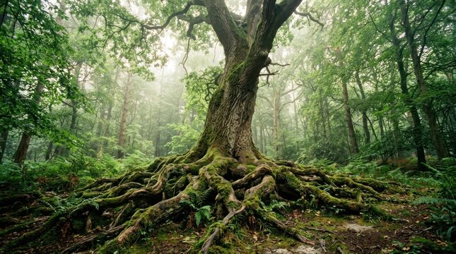 Ancient Oak Tree with Expansive Root System in Lush Forest.