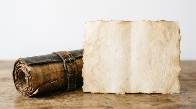 Ancient Scroll and Parchment on Wooden Surface.