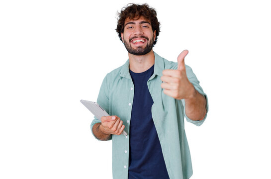 Young happy man giving thumbs up, holding a tablet, expressing satisfaction, approval, and success on transparent background