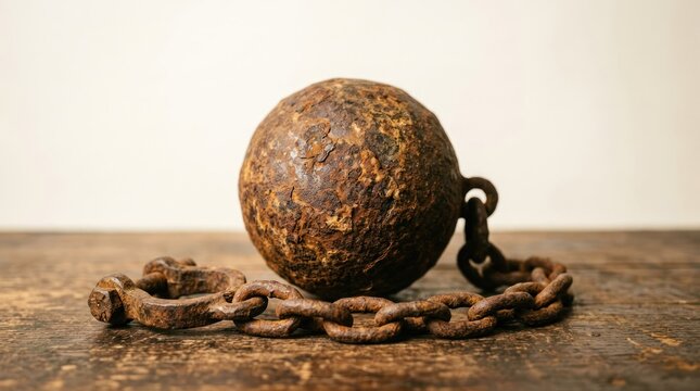 Antique Rusty Cannonball with Chain on Wooden Surface.
