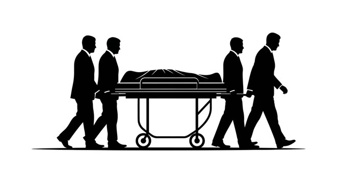 A silhouette illustration of four funeral directors in suits walking solemnly while carrying a deceased person on a gurney