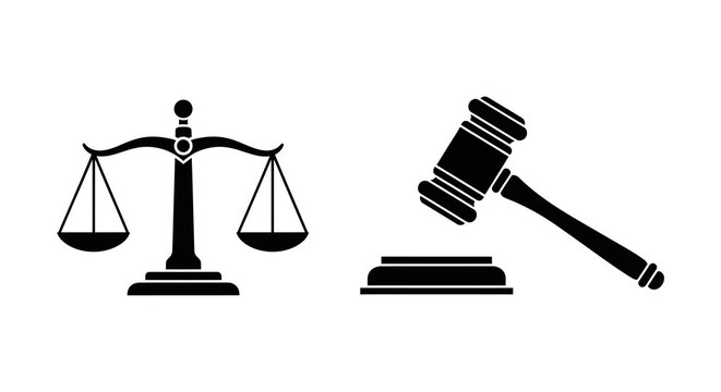 Black and white vector illustration of a legal scale of justice and a wooden judge gavel on white background