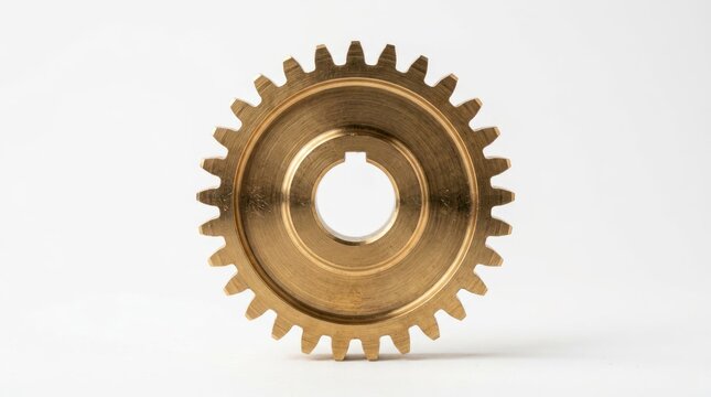 Closeup of a single brass gear with a white background.