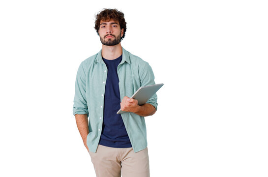 Young man holding digital tablet, working remotely or studying, embracing modern technology on transparent background