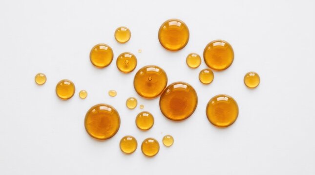 Closeup of Amber Liquid Droplets on a White Background.