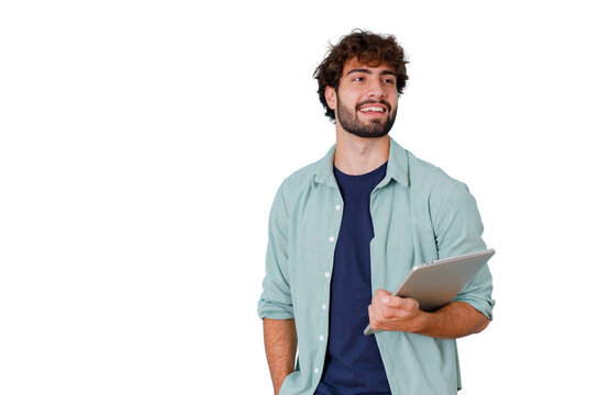 Confident young man with beard and curly hair holding a digital tablet. Transparent background