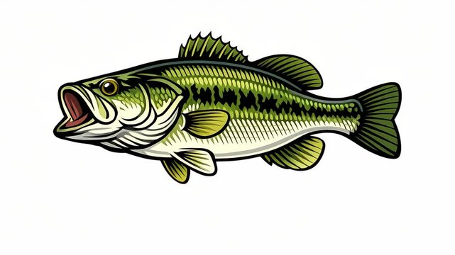 This is an of a bass fish depicted swimming with its mouth open. The shows the fish's scales and fin details clearly. It appears to be a stylized drawing rather than a .