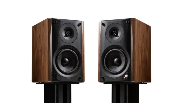 Isolated pair of professional studio monitor speakers with rich wooden finish on black stands