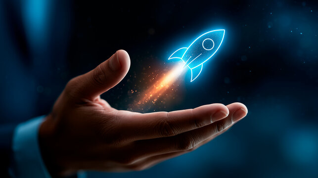 A hand launching a rocket icon represents startup acceleration and strategic business growth 