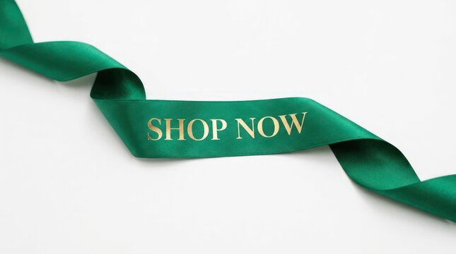 Elegant Green Ribbon with Golden Shop Now Text on White Background.