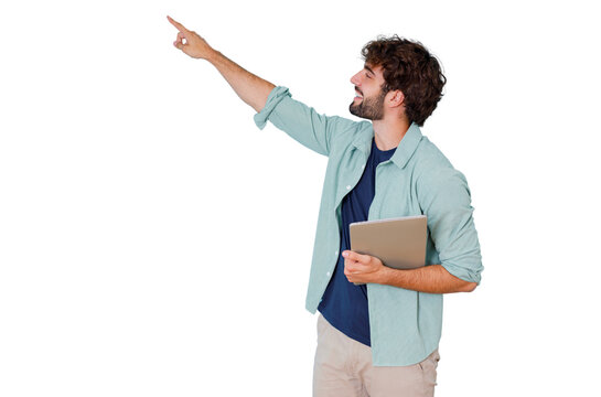 Young man holding tablet and pointing finger up, showing achievement or new idea on transparent background