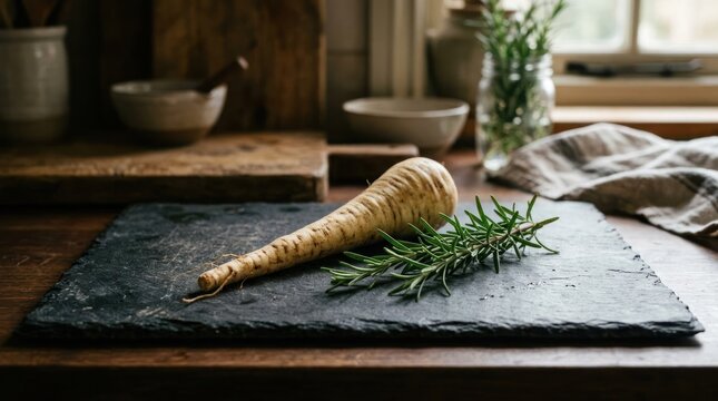 Fresh Parsnip and Rosemary on a Rustic Slate Cutting Board.