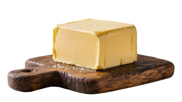 Isolated fresh block of butter with sea salt flakes on rustic wooden cutting board