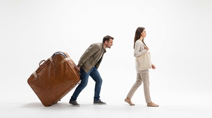 Naklejka premium A man struggles to pull a large suitcase while a woman walks ahead. The man is bent over, straining to move the heavy luggage, while the woman appears relaxed and unburdened
