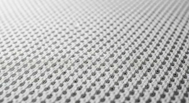 Macro view of white synthetic mesh fabric texture.