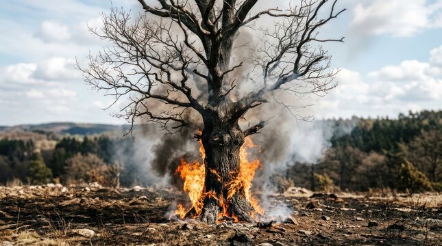 Large ancient oak tree engulfed in flames and smoke in a desolate landscape.