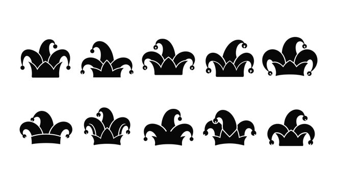 A collection of ten black silhouette jester hat icons arranged in two rows isolated on a clean white background