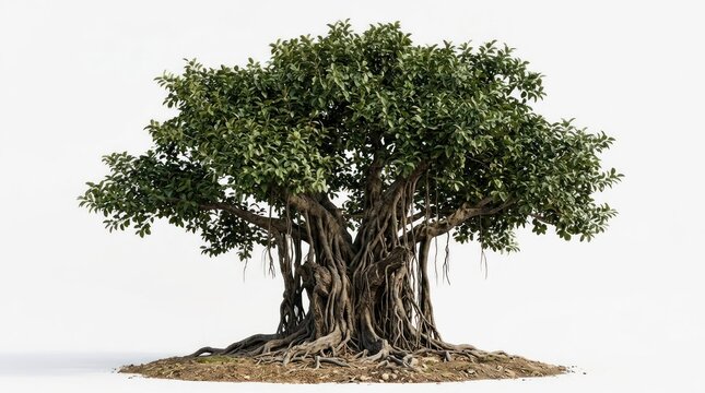 Majestic Banyan Tree with Aerial Roots on White Background.