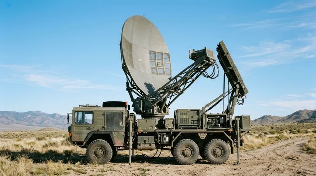Mobile Satellite Communication System Mounted on a Rugged Military Truck.