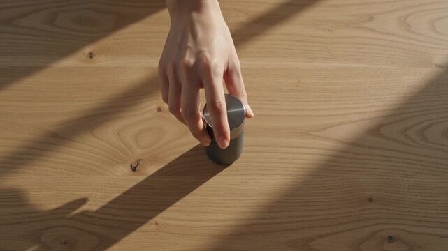A minimalist overhead shot of a hand placing a modern product on a textured wooden table illuminated by warm autumn afternoon sunlight and soft window shadows. Concept of calm shopping, 