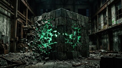 Obraz premium Mysterious Glowing Portal Opens in Abandoned Industrial Building.