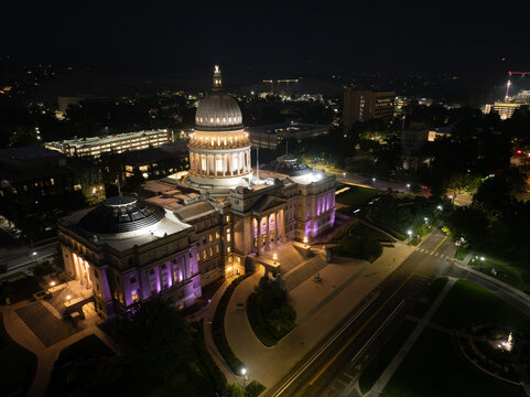 Nighttime aerial view of domed government building