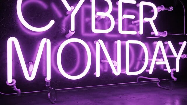 Purple and white Cyber Monday neon sign on dark floor