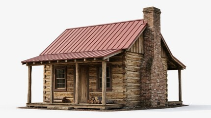 Obraz premium Rustic Log Cabin with Stone Chimney and Red Metal Roof.