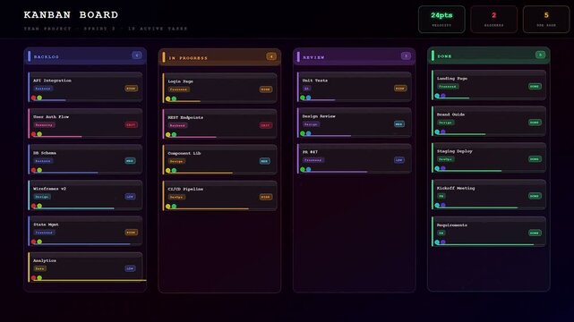 This digital interface displays a detailed team project timeline showing tasks moving across columns from backlog to completion in a dark futuristic dashboard.