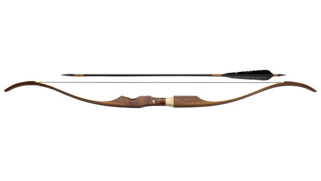 Isolated recurve bow and arrow set, traditional archery equipment ready to shoot