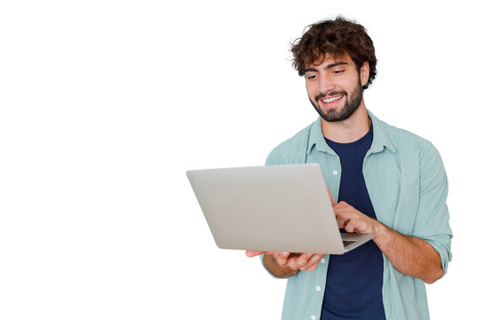 Young smiling man using laptop for remote work or online education, enjoying digital nomad lifestyle, transparent background