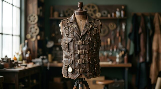 Steampunk Leather Vest Displayed on Mannequin in Artisan Workshop.