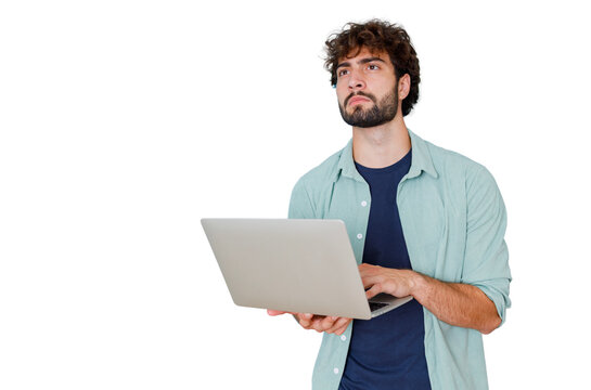 Young man holding laptop contemplating future ideas, working remotely, thinking innovation with transparent background