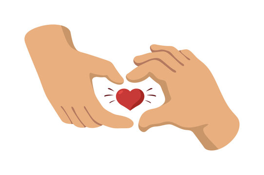 Hands form a heart shape with a red heart in the center in a vector style for love or care themes