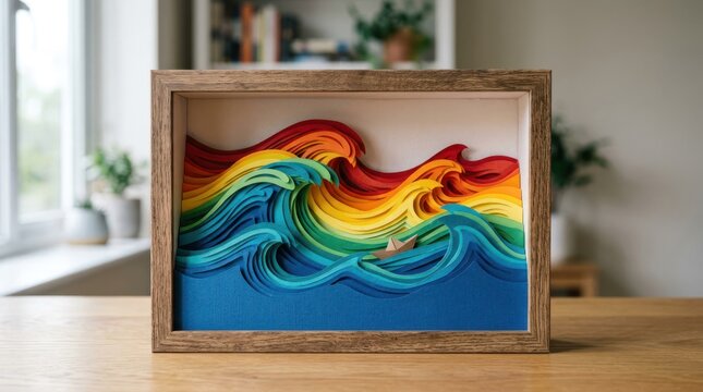 Vibrant Rainbow Wave Quilling Art in Wooden Frame.