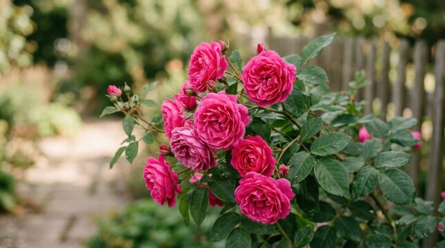 Vibrant Pink Roses Blooming in a Lush Garden Setting.