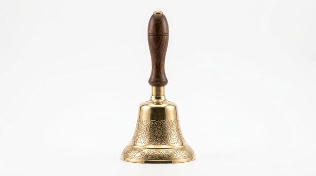Vintage Brass Hand Bell with Wooden Handle Isolated on White.