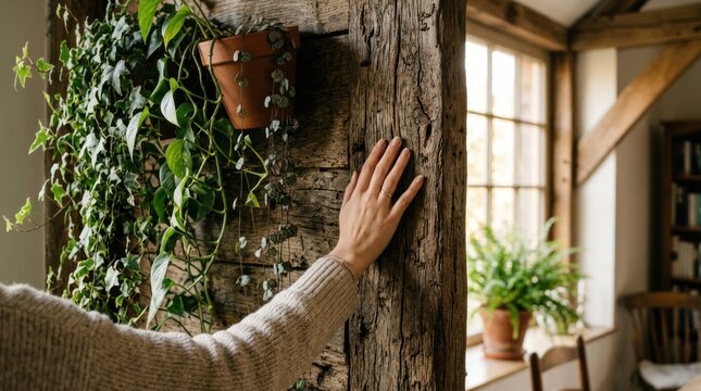 Womans Hand Touching Rustic Wooden Beam in a Cozy Home with Greenery.